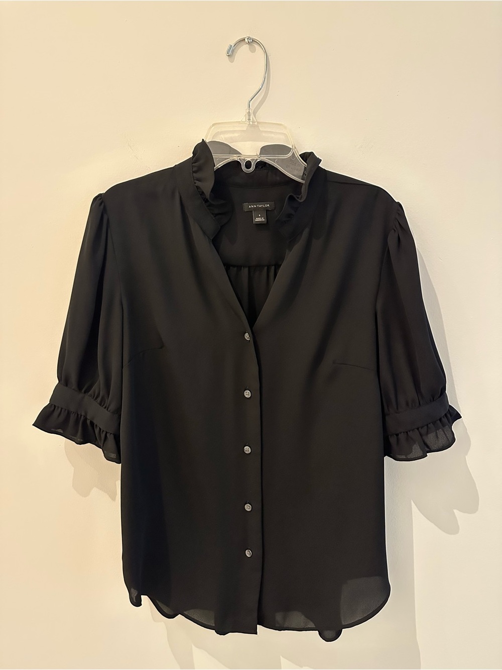 Ann Taylor Black Ruffle-Trim Button Front Blouse